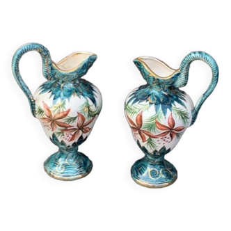 Two jugs, vases, in hand-painted enamelled ceramic, signed h. bequet quaregnon belgium