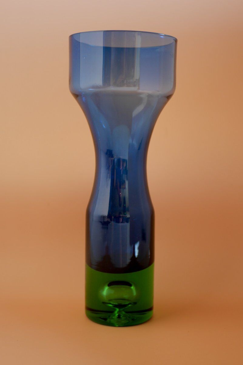 Mid-century modern Scandinavian bright blue and emerald green glass vase from Borgström Åseda, Sweden