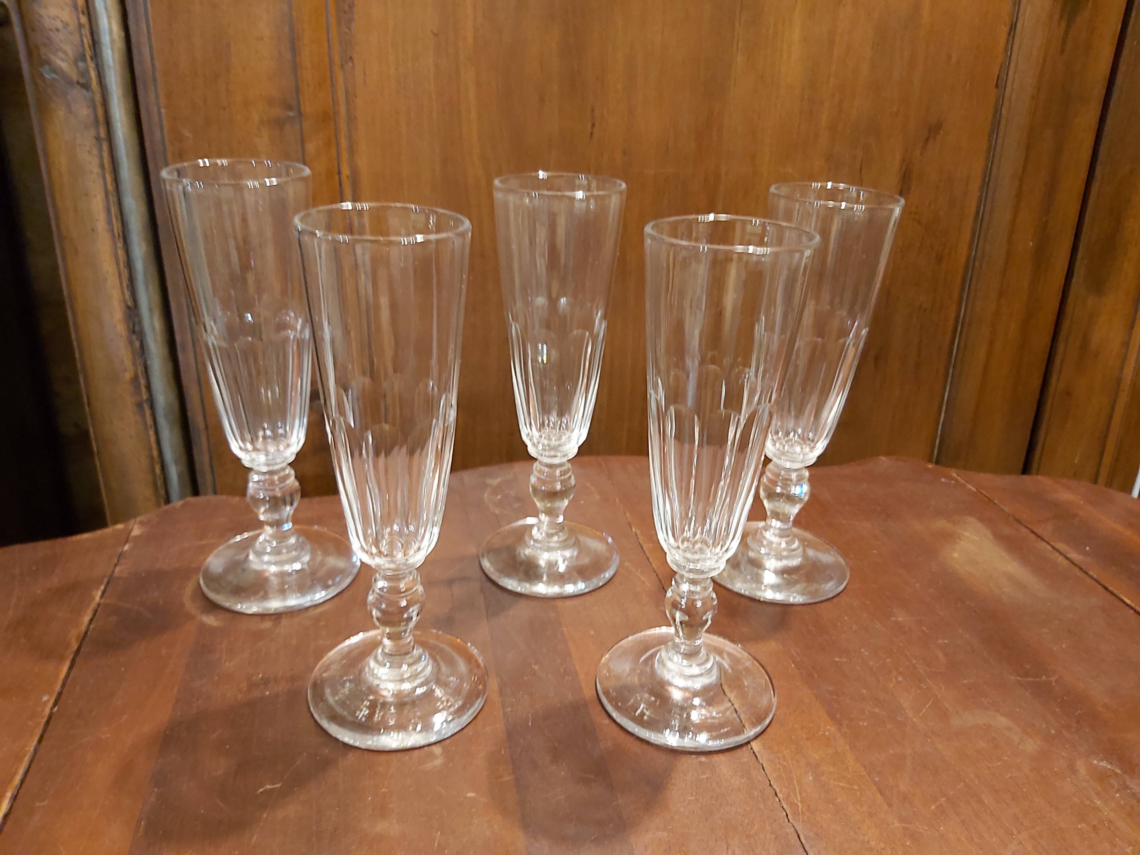 5 crystal Champagne flutes XIX th