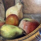 Tableau HSP vue ovale "Panier de fruits" vers 1900 sur carton cigarettes SADO