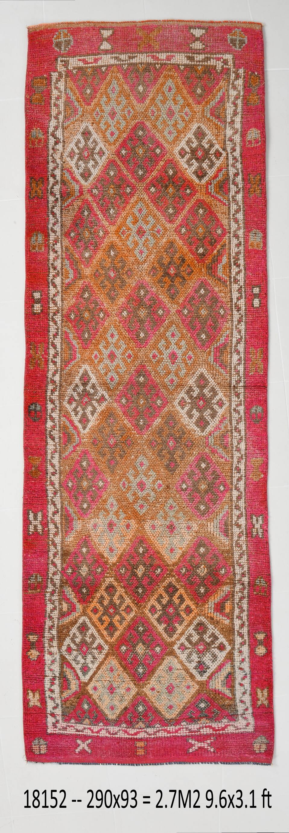 Red & Brown Geometric Vintage Runner Rug, 93x290Cm