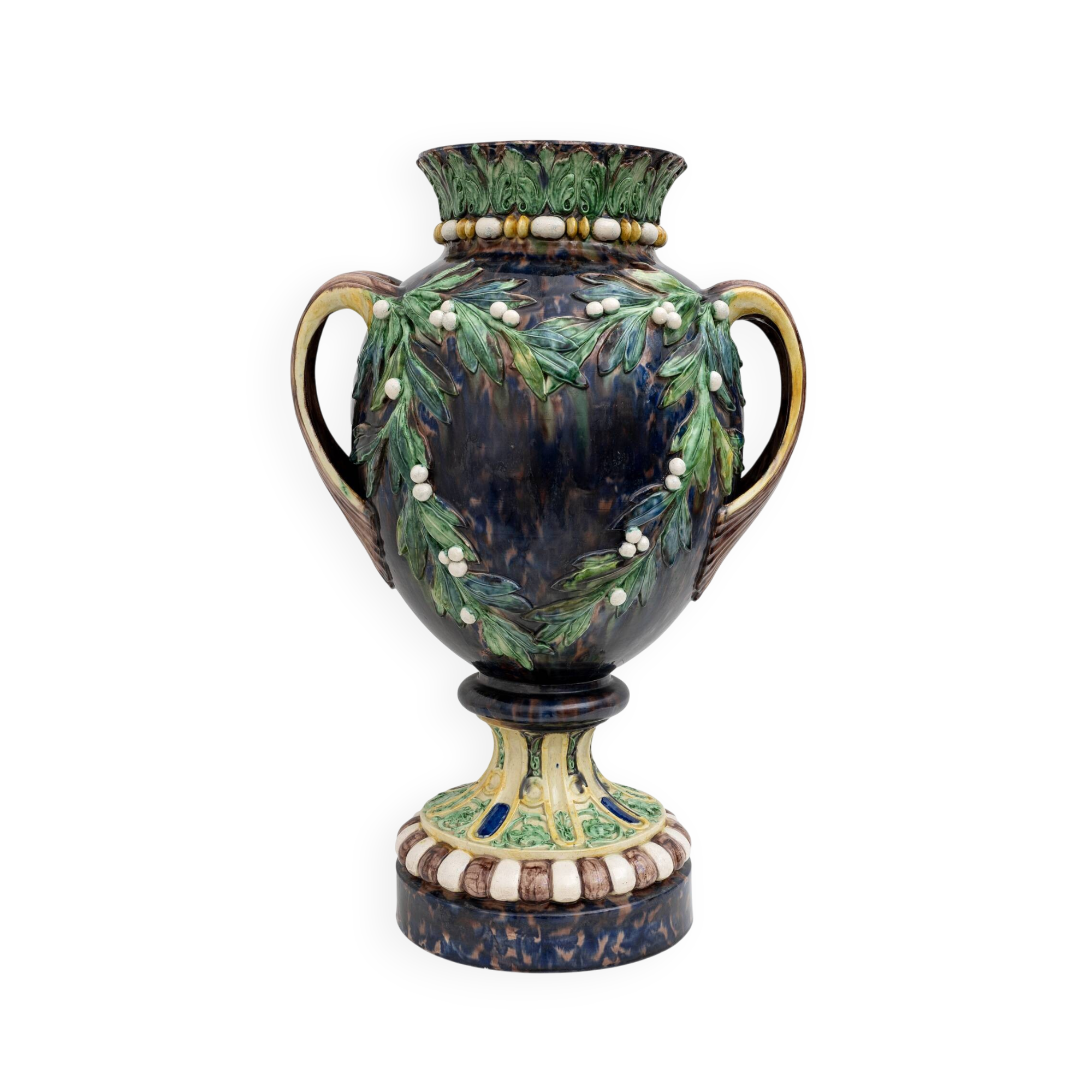 Large 19th century French Majolica Renaissance Palissy Vase with Mistletoe
