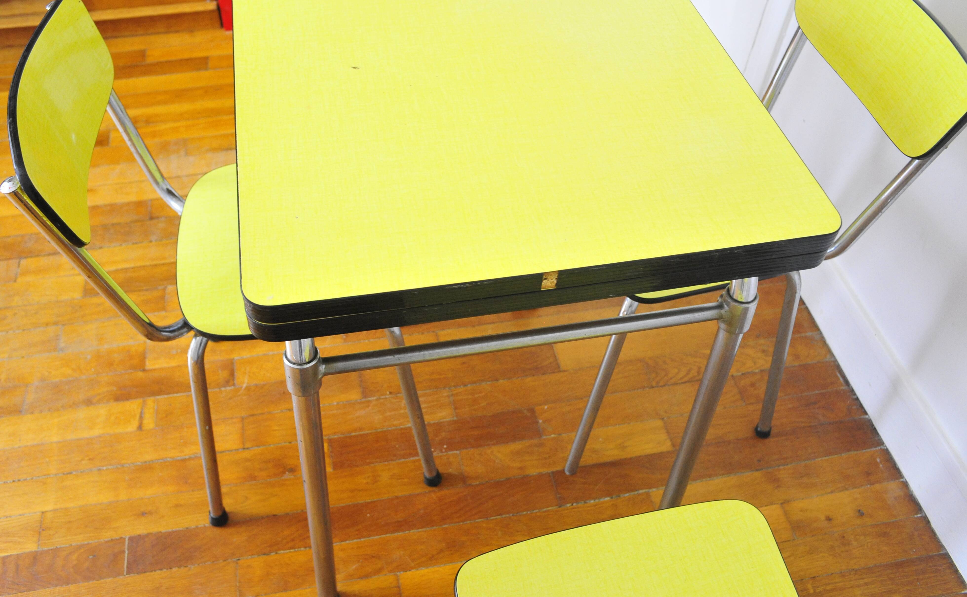 Formica table with 4 chairs and a stool dating from the 60s and 70s