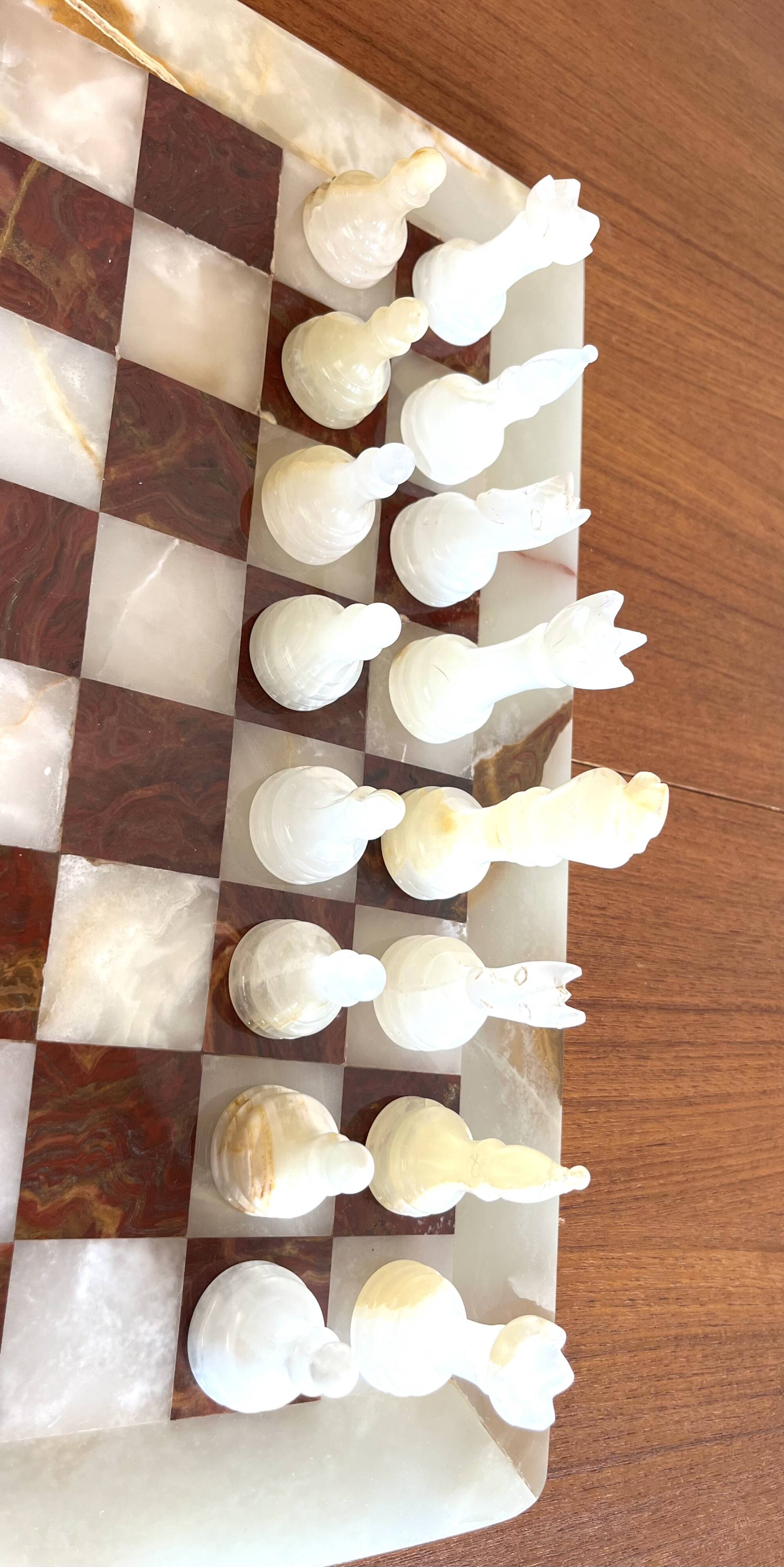Vintage brown and white alabaster chess board hand carved pieces