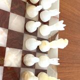 Vintage brown and white alabaster chess board hand carved pieces