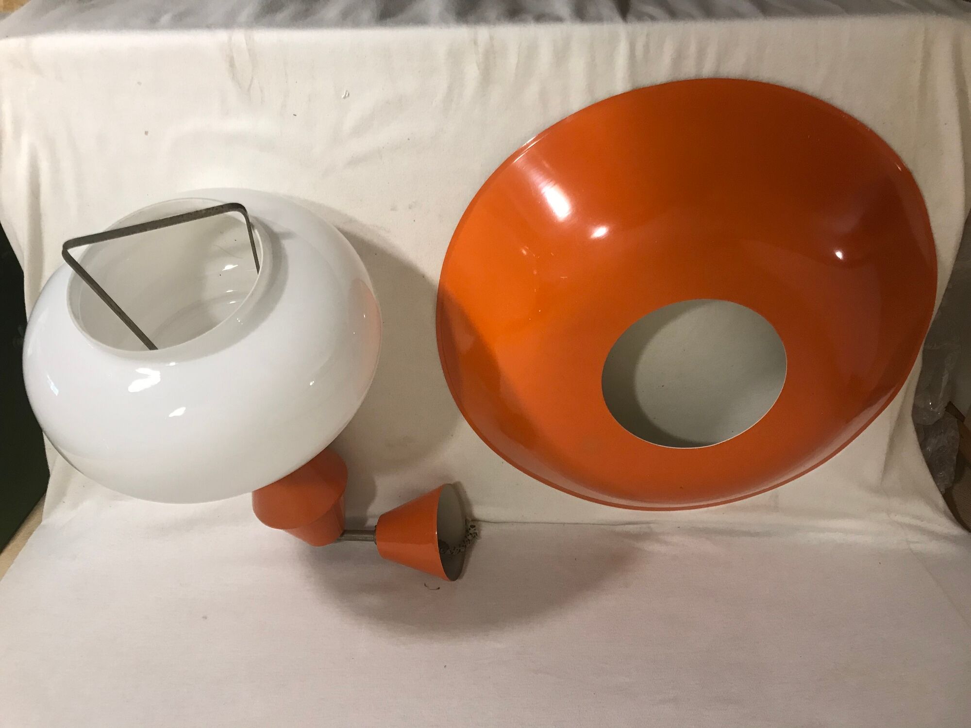 Hanging lamp old glass opal white, support & globe metal orange 70s vintage