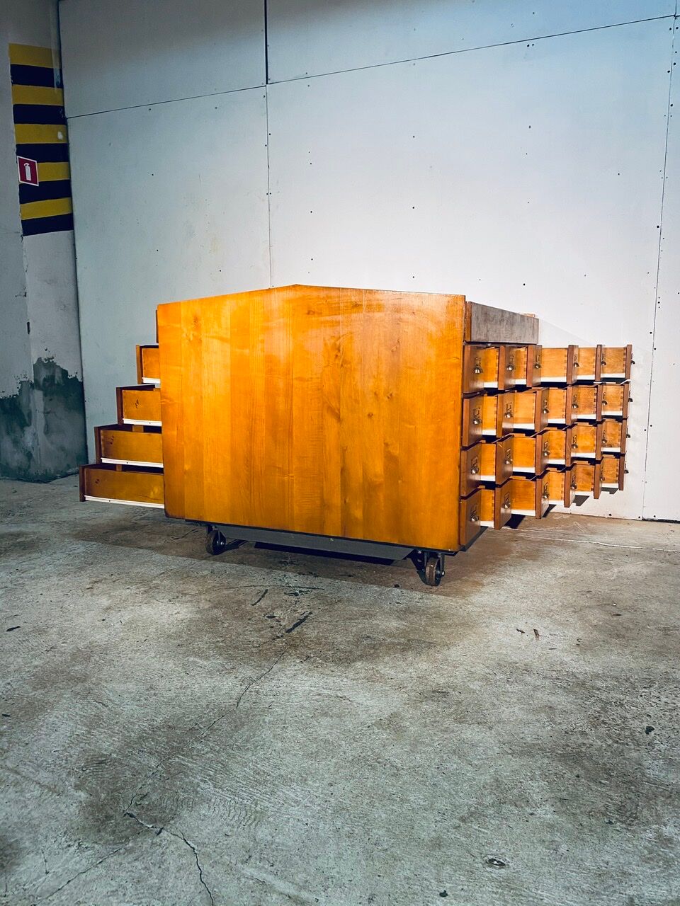 Double-sided wooden industrial filing cabinet with 48 vintage drawers