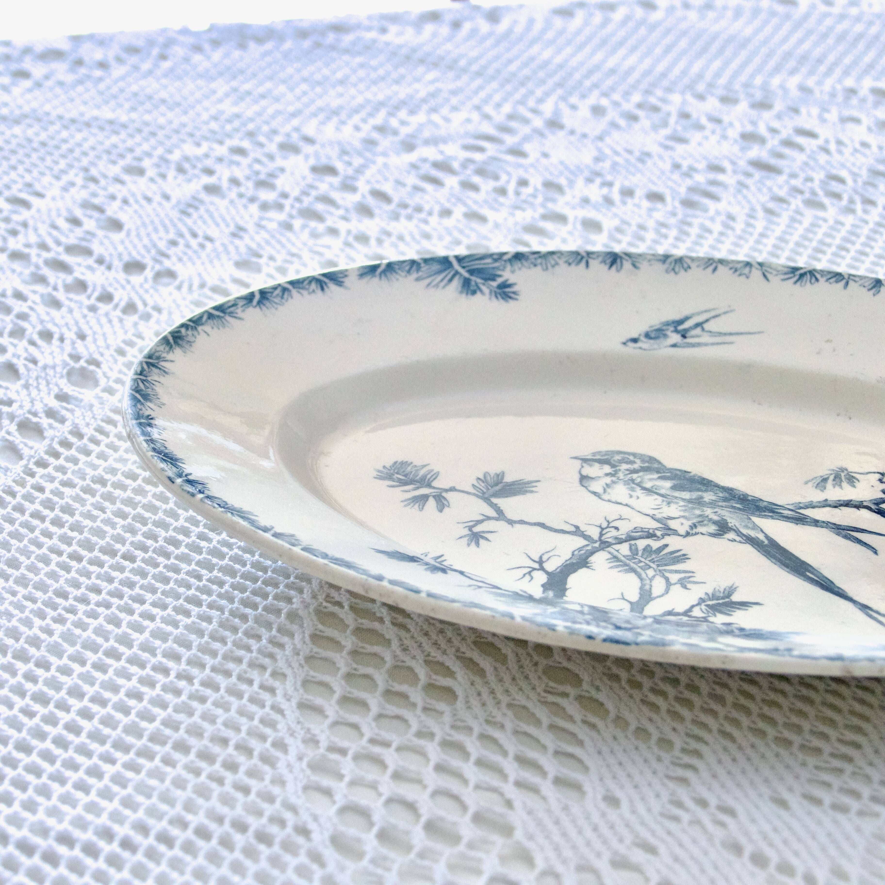 Oval dish 19th century Gien iron earth "Provençal" birds swallows