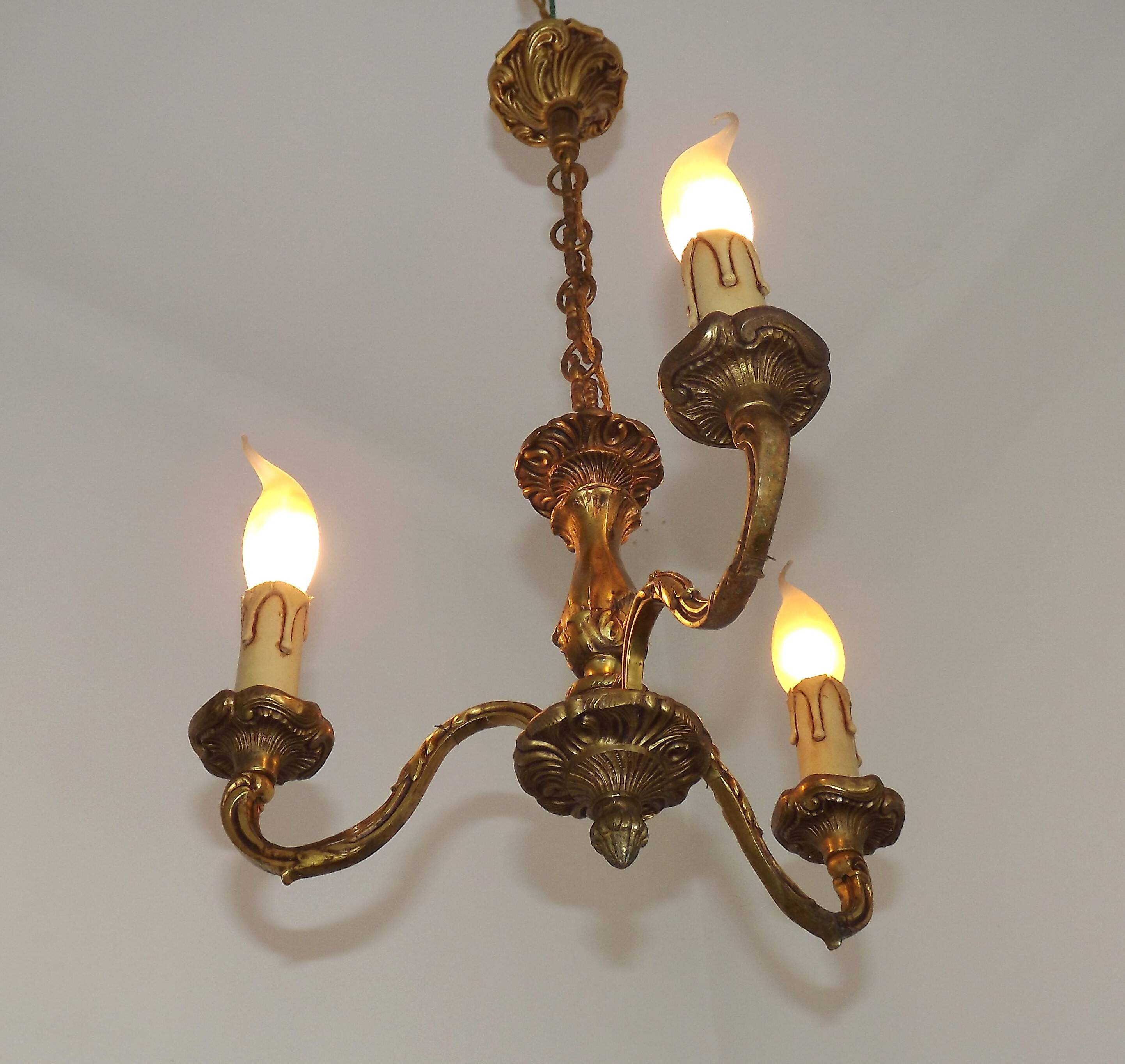 French Antique Art Nouveau Style 3-Light Quality Bronze Chandelier