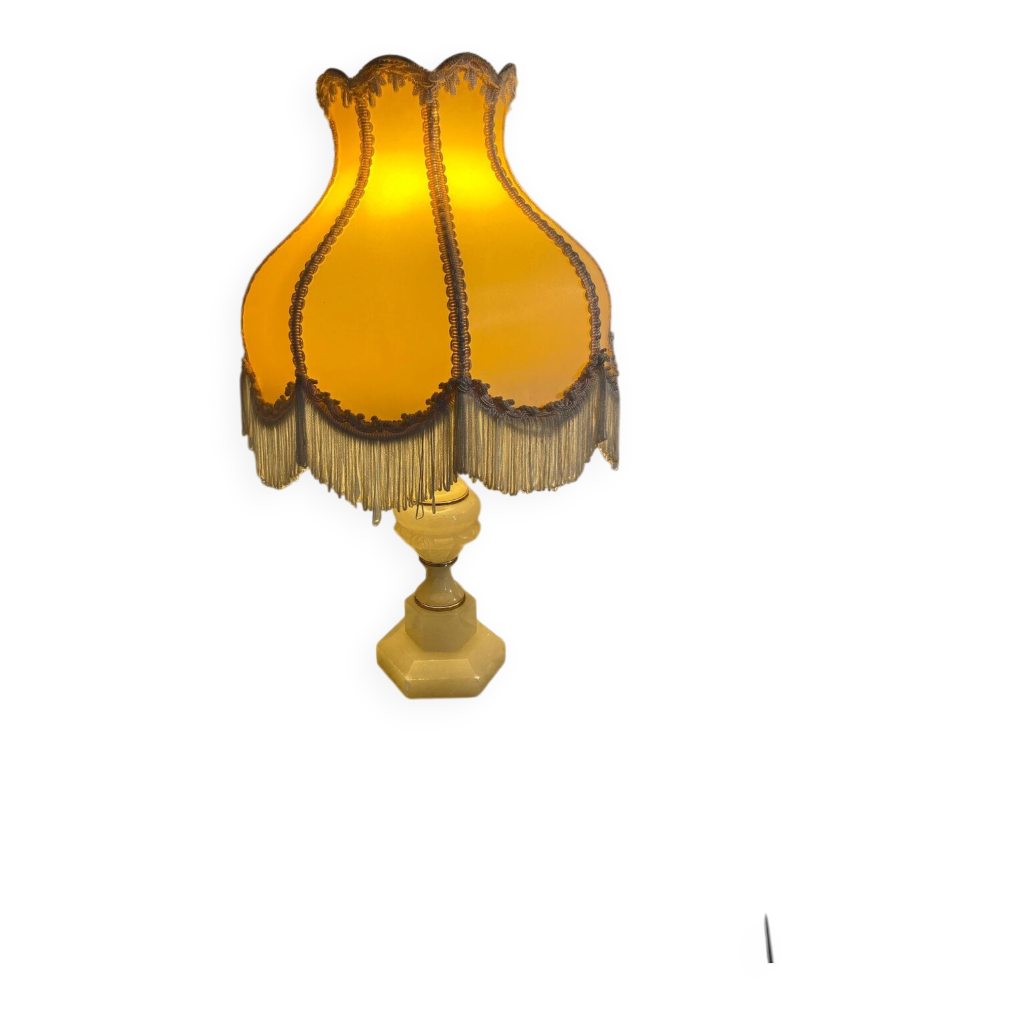 Alabaster lamp, frilled shade with fringes, 1930s-1940s.