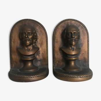 Serre-livres anciens, buste personnage en plâtre patiné bronze 19 x 13 cm