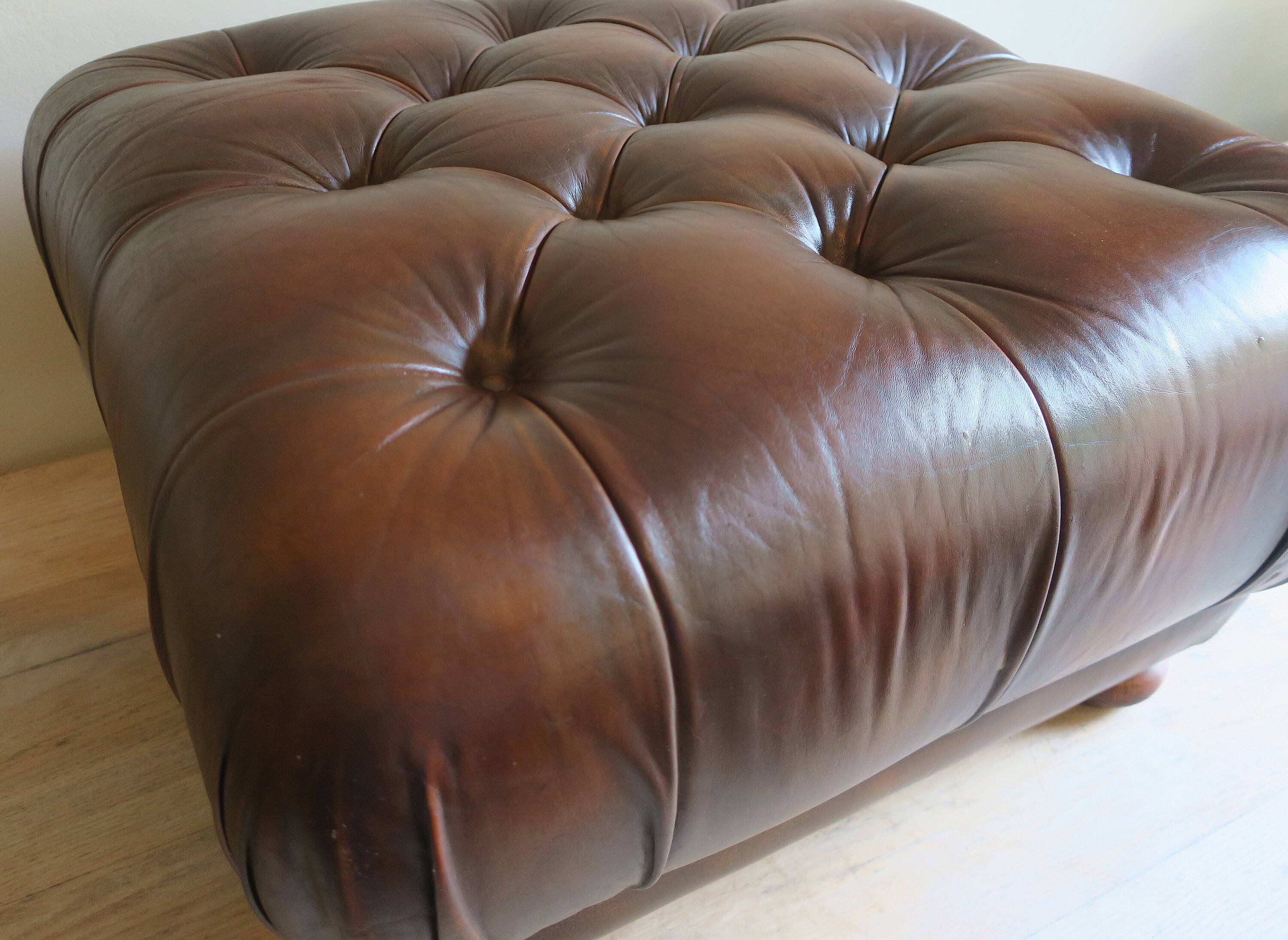 Chesterfield brown tufted leather pouffe ottoman