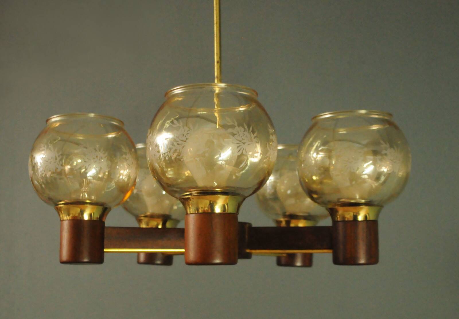 Scandinavian chandelier in mahogany wood and brass