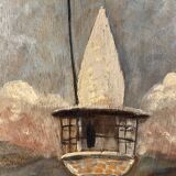 Old painting, landscape of a lighthouse signed and dated 1959