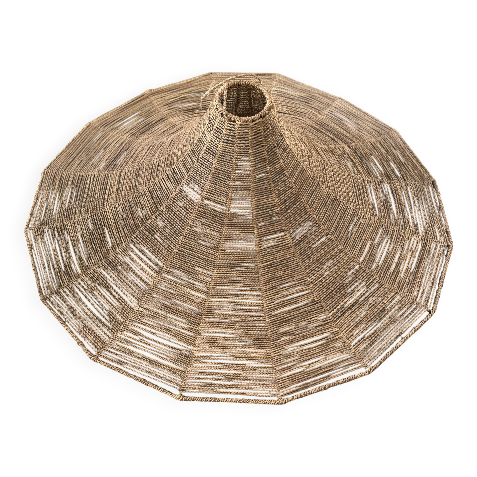 Large lampshade made of woven ropes.
