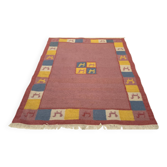 Vintage Wool Gabbeh motif flat weave rug large