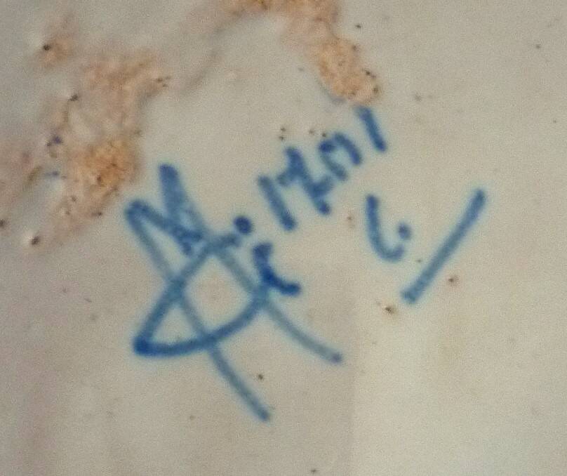 Dish, egg server in hand-painted earthenware, signed Geo Martel