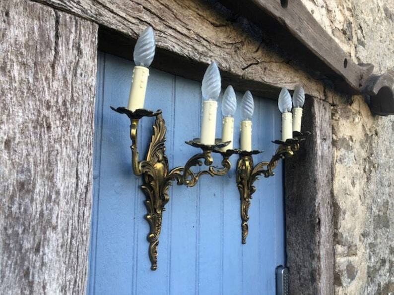 Pair of French Vintage Rococo Gilt Bronze Wall Sconces: Ornate 3-Arm Lamps