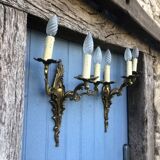 Pair of French Vintage Rococo Gilt Bronze Wall Sconces: Ornate 3-Arm Lamps