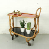 Bamboo Bar Cart Tea Trolley with black and red shelf, 1940s