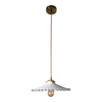 Vintage pendant light in white opaline with serrated edges