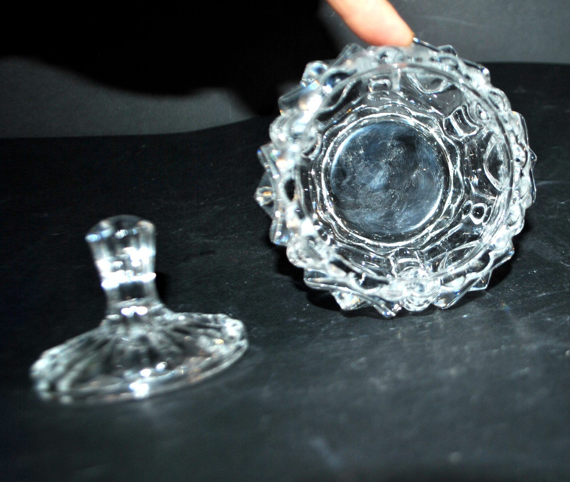 Thick moulded crystal sugar bowl with a beaded and medallion design.