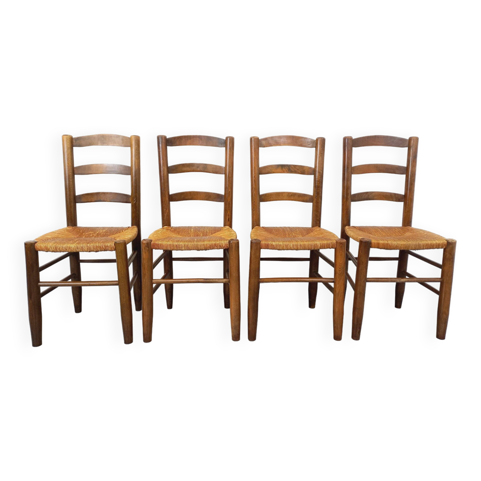 Set of 4 vintage brutalist chairs in wood and straw from the 60s