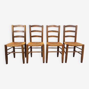 Set of 4 vintage brutalist chairs in wood and straw from the 60s
