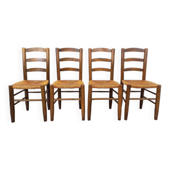 Set of 4 vintage brutalist chairs in wood and straw from the 60s