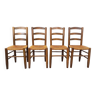 Suite de 4 chaises brutalistes vintage en bois et paille des années 60