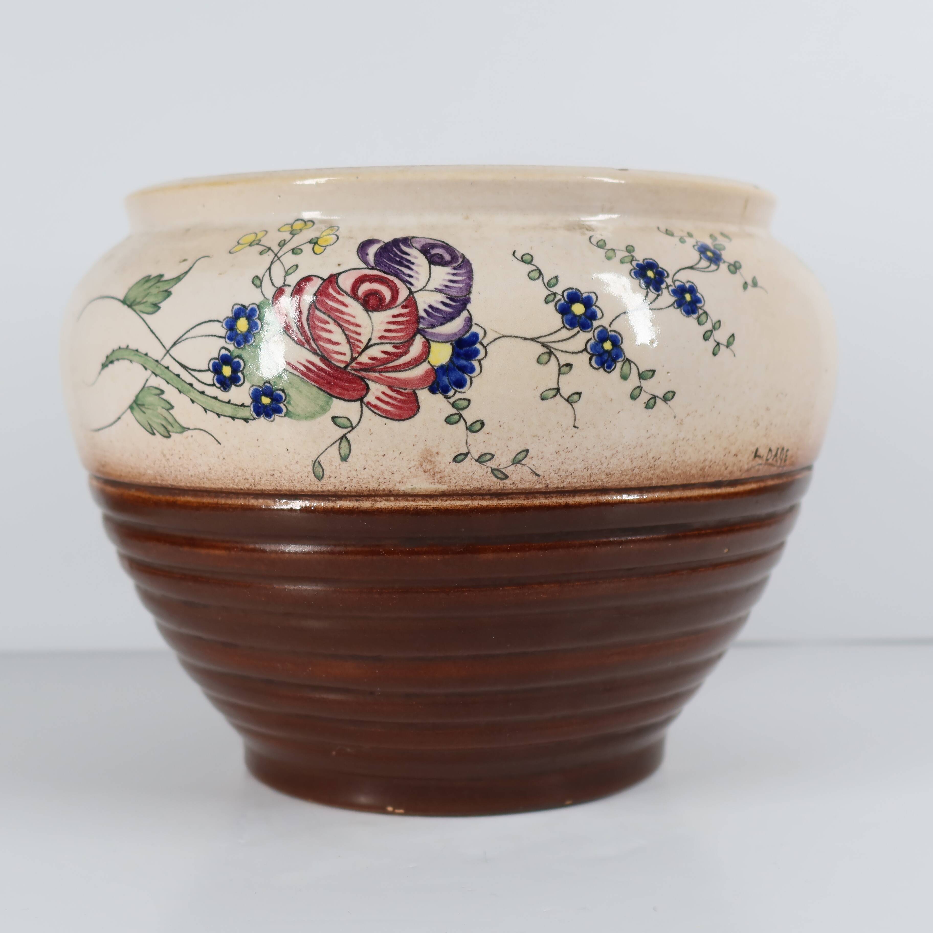 Globular ceramic vase by L. Dage, hand-painted floral decoration, style