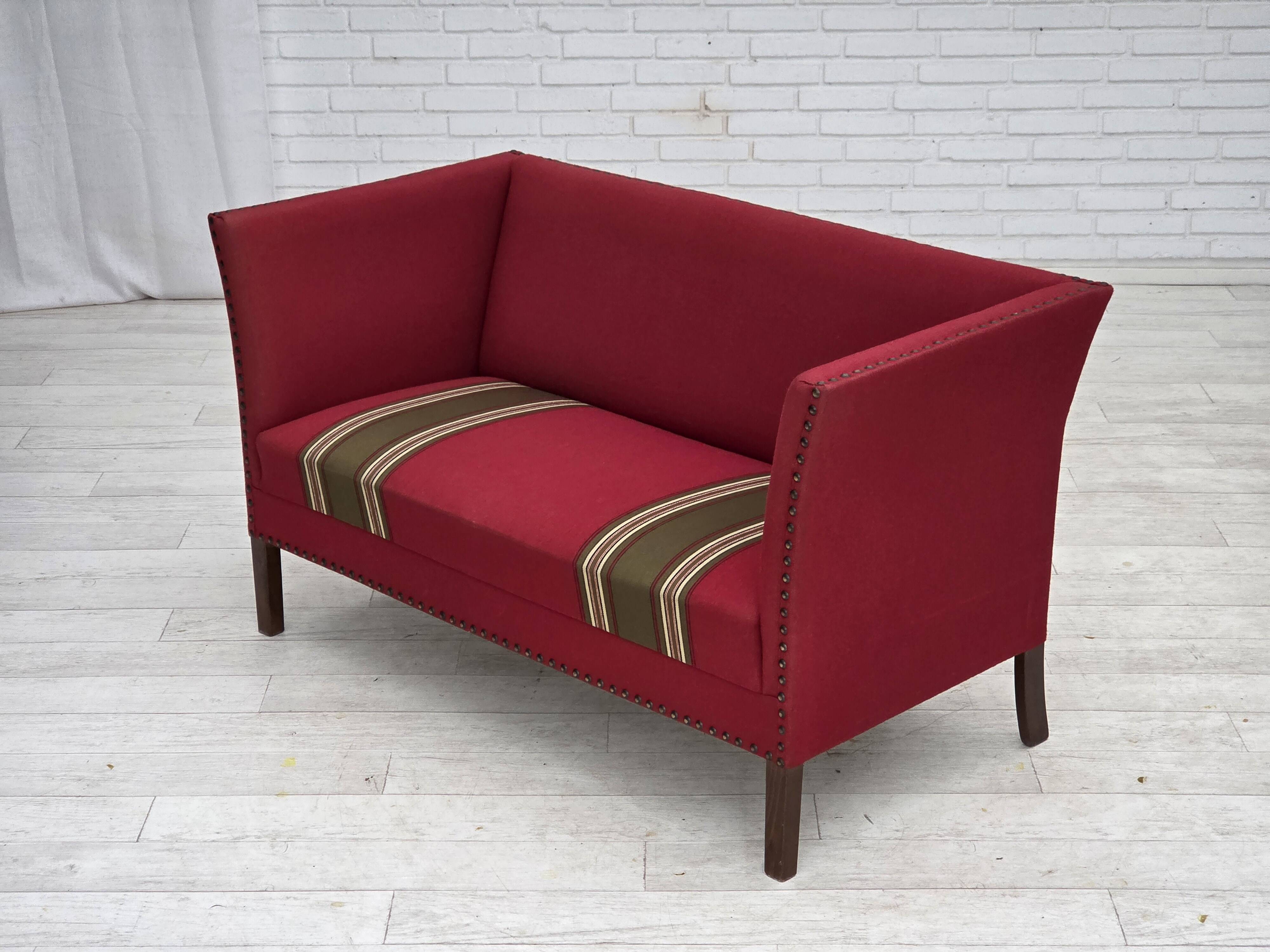 1970s, Danish 2-seater sofa, original red furniture wool, ash wood.