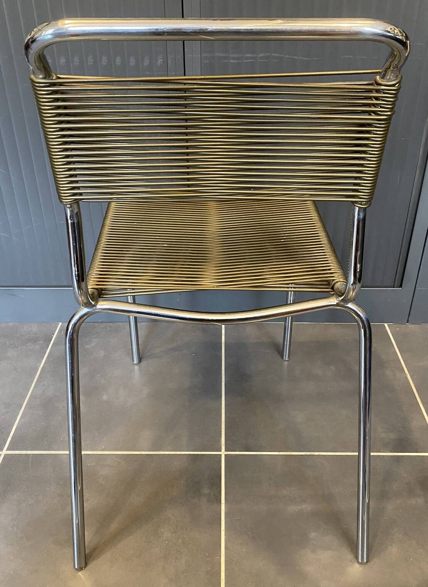 Scoubidou chair or vintage 1960s khaki green chrome spaghetti chair