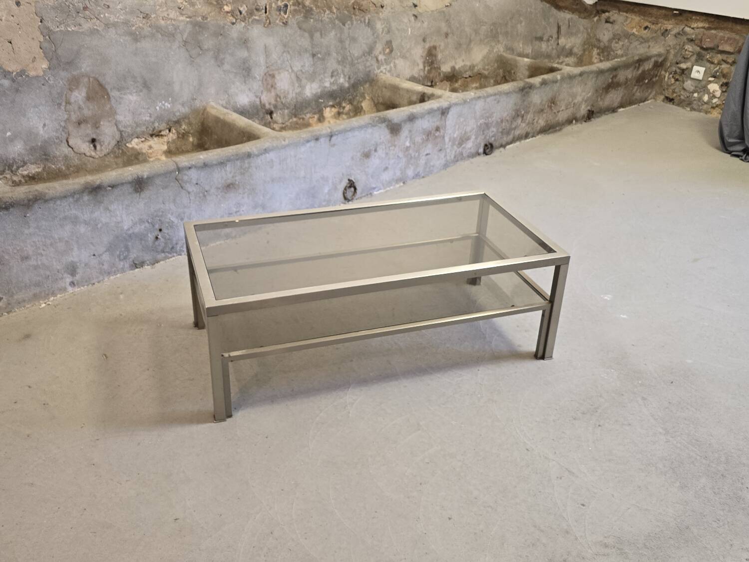 Double-top coffee table with smoked glass top and chromed steel 1970