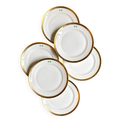 6 assiettes à dessert en porcelaine de Paris dorée avec monogramme ''VD