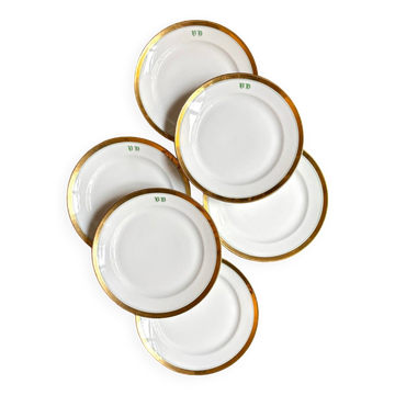 6 assiettes à dessert en porcelaine de Paris dorée avec monogramme "VD"