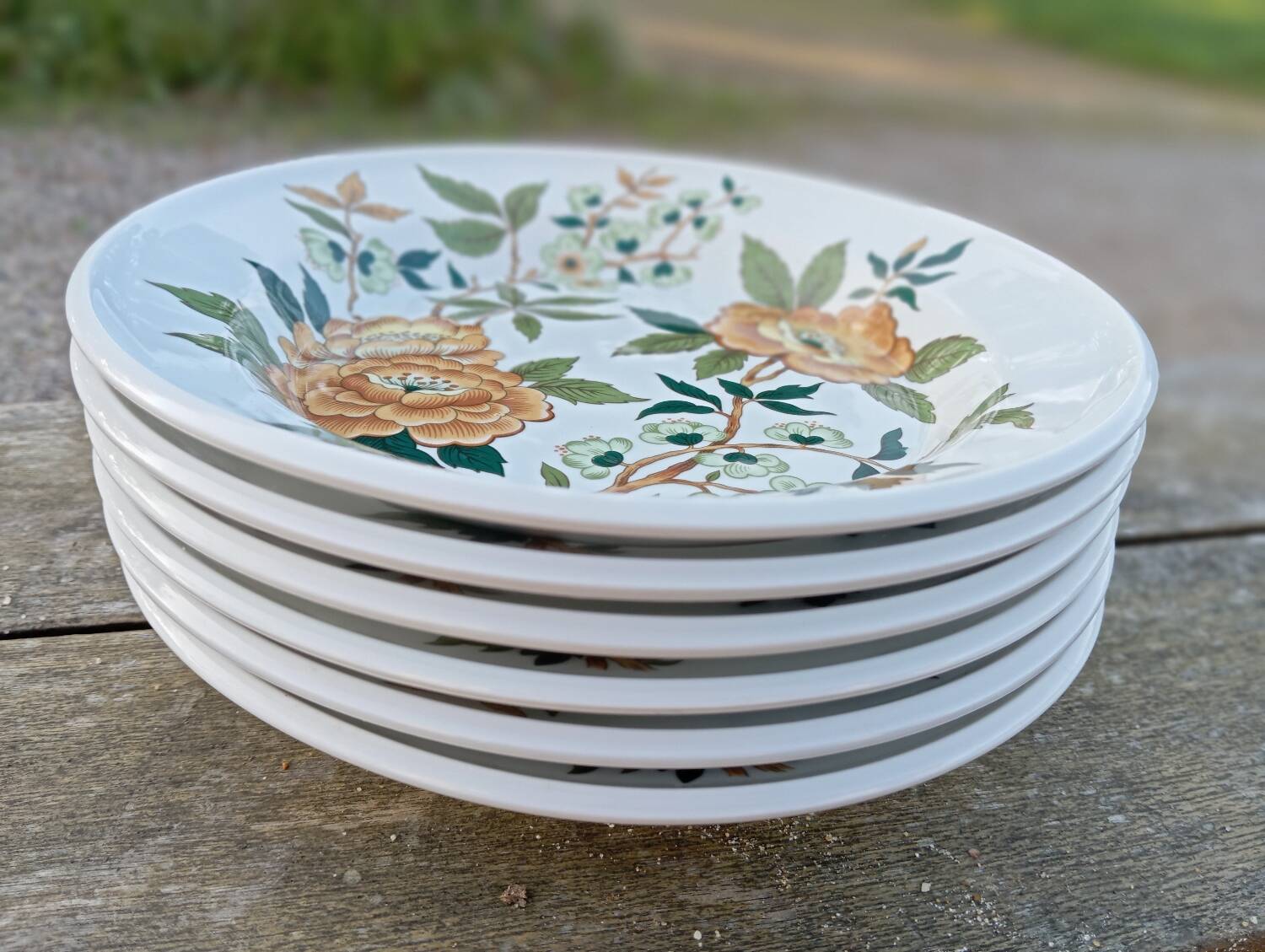 6 soup plates with orange and green flowers, Sologne porcelain, vintage