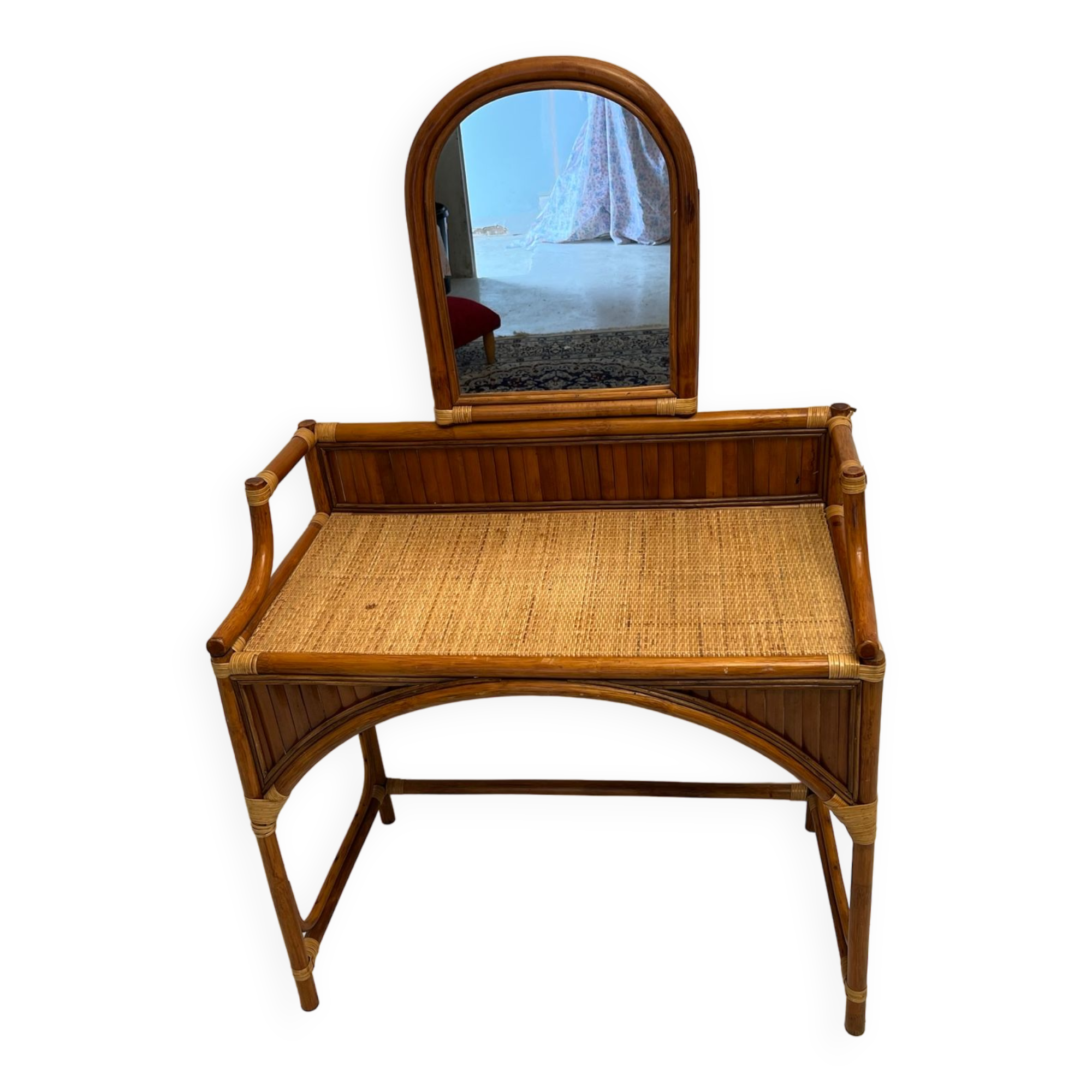Coiffeuse bureau en rotin et bambou vintage