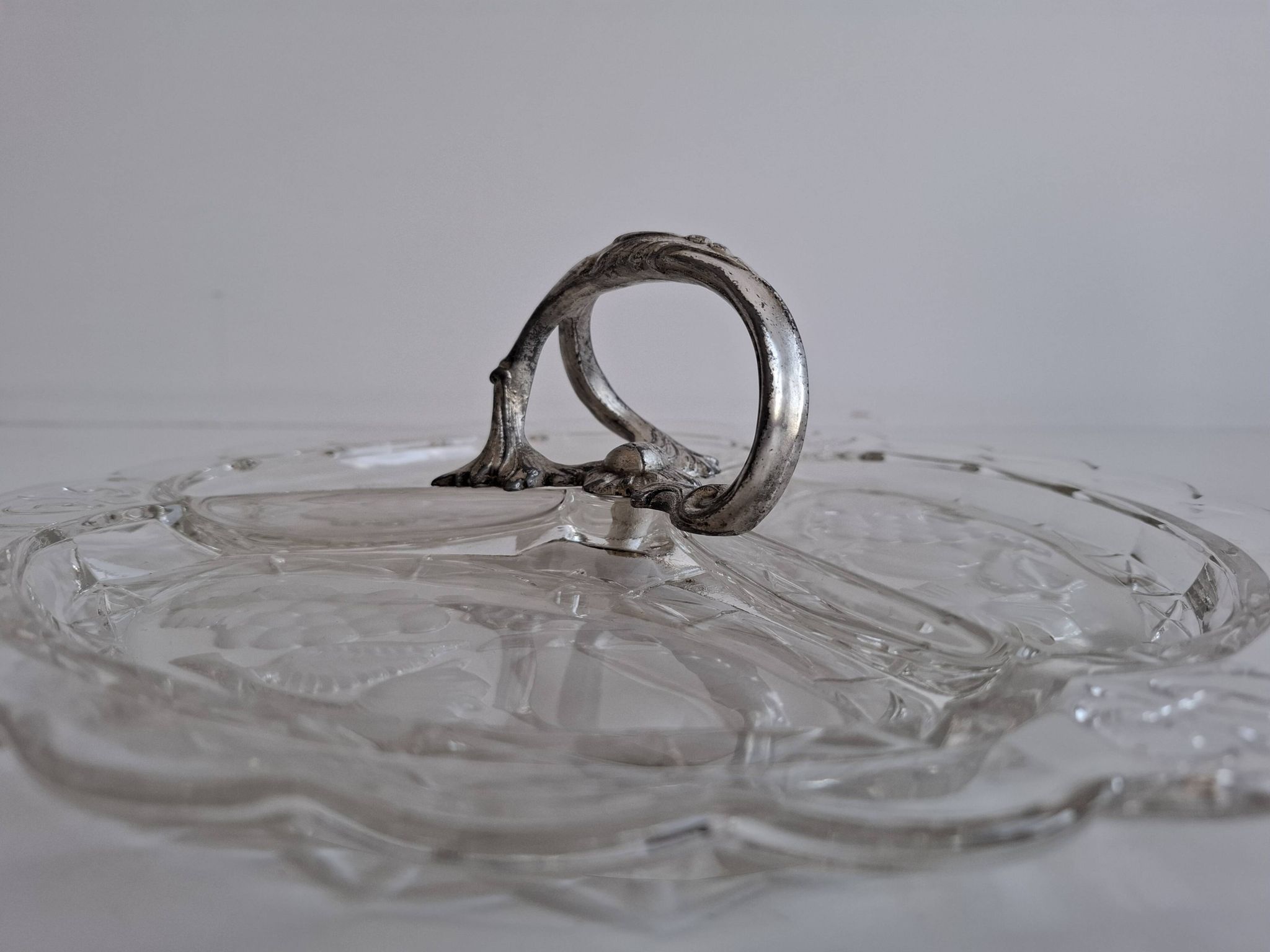 Art Deco Pressed Glass Divided Serving Dish with Alpaca Handle, 1930