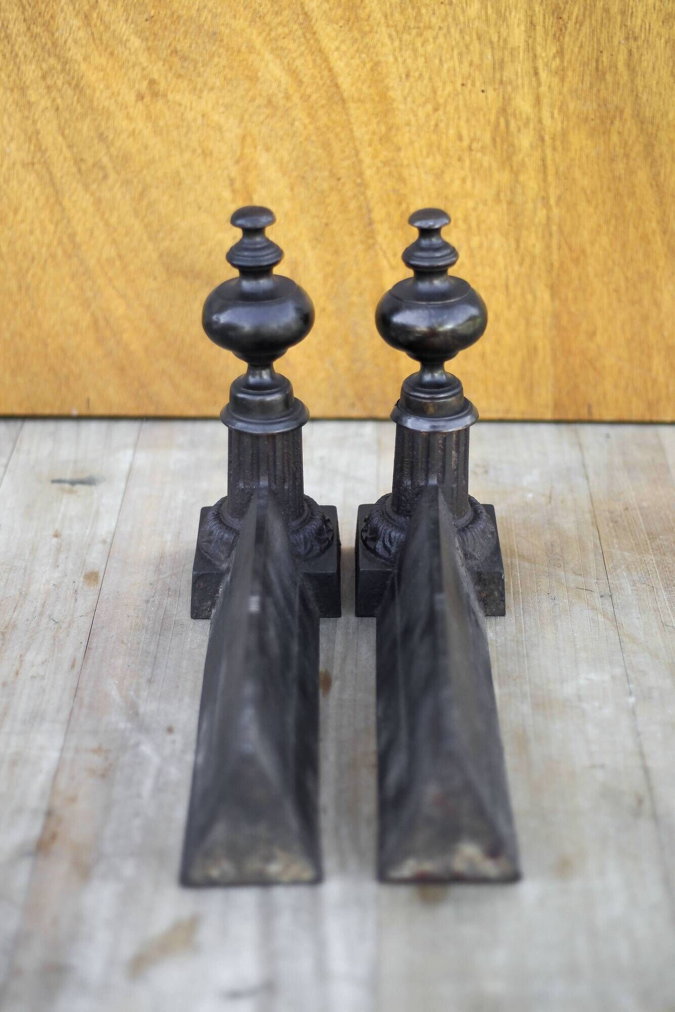 Vintage andirons, pair of andirons, fireplace accessory, brass and cast iron andirons