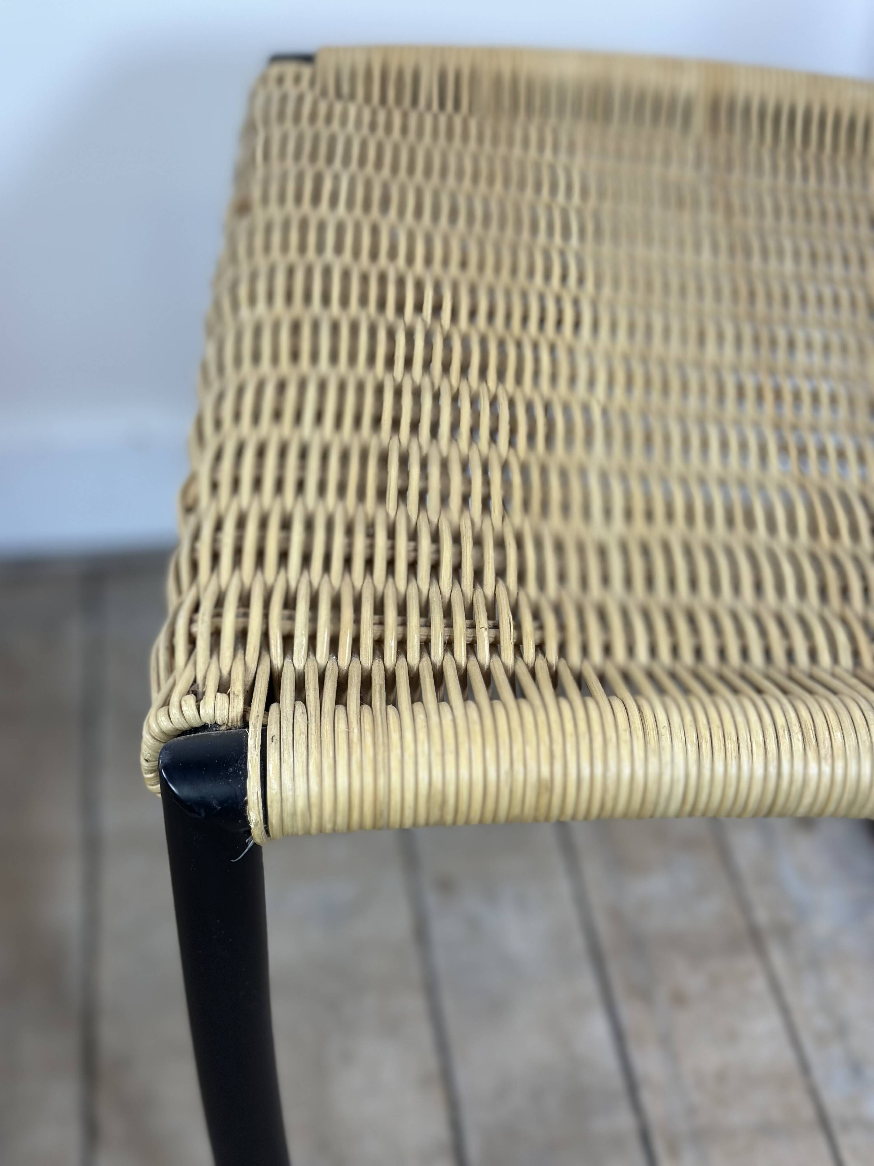 Chairs (set of 2) in metal, leather and straw 1960's