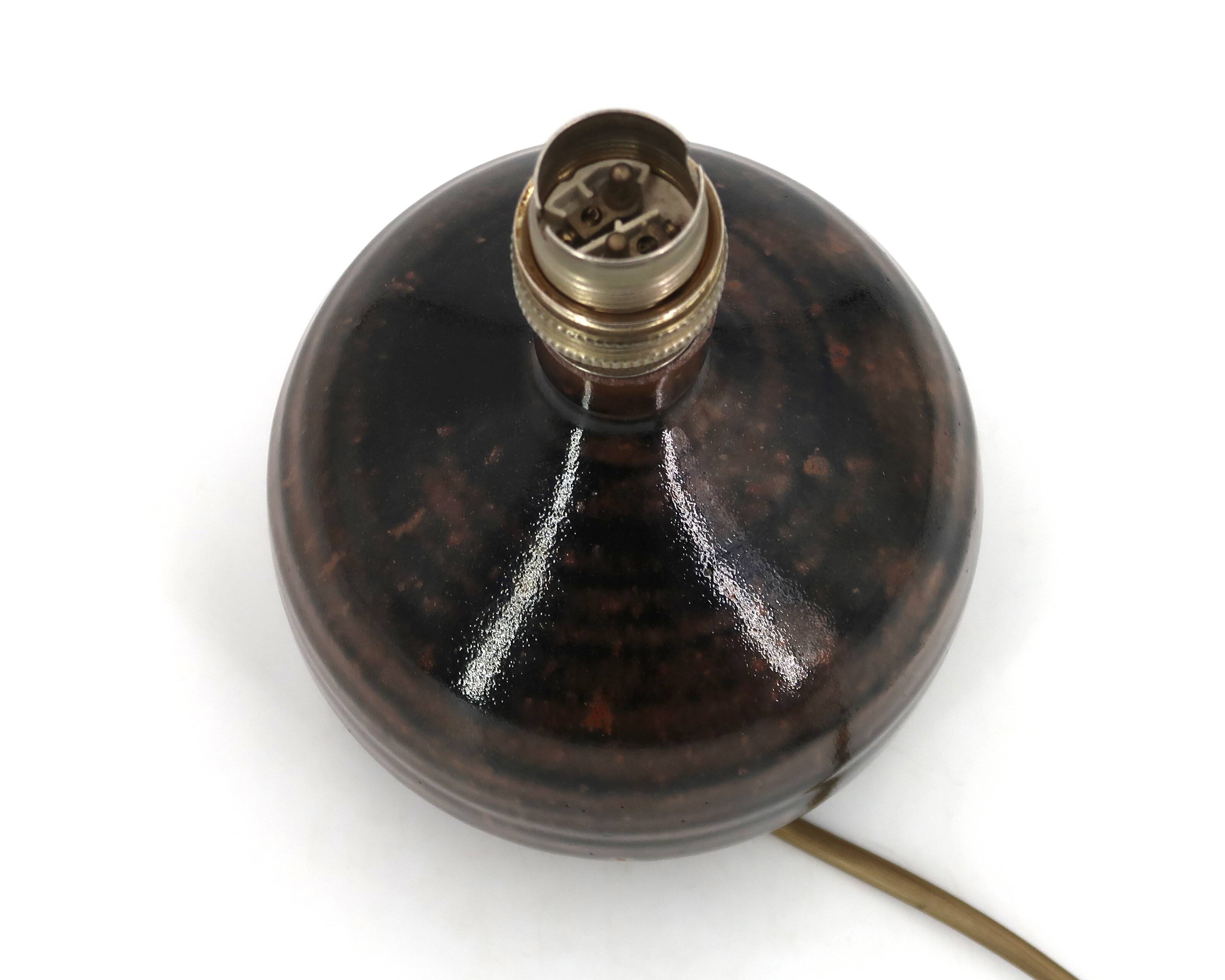 Dark brown spherical lamp in stoneware by Guy Baudat, 1970s.
