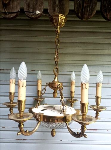 Exceptional bronze chandelier with 6 lights in Louis XIII style, in working condition - 7.5 kg