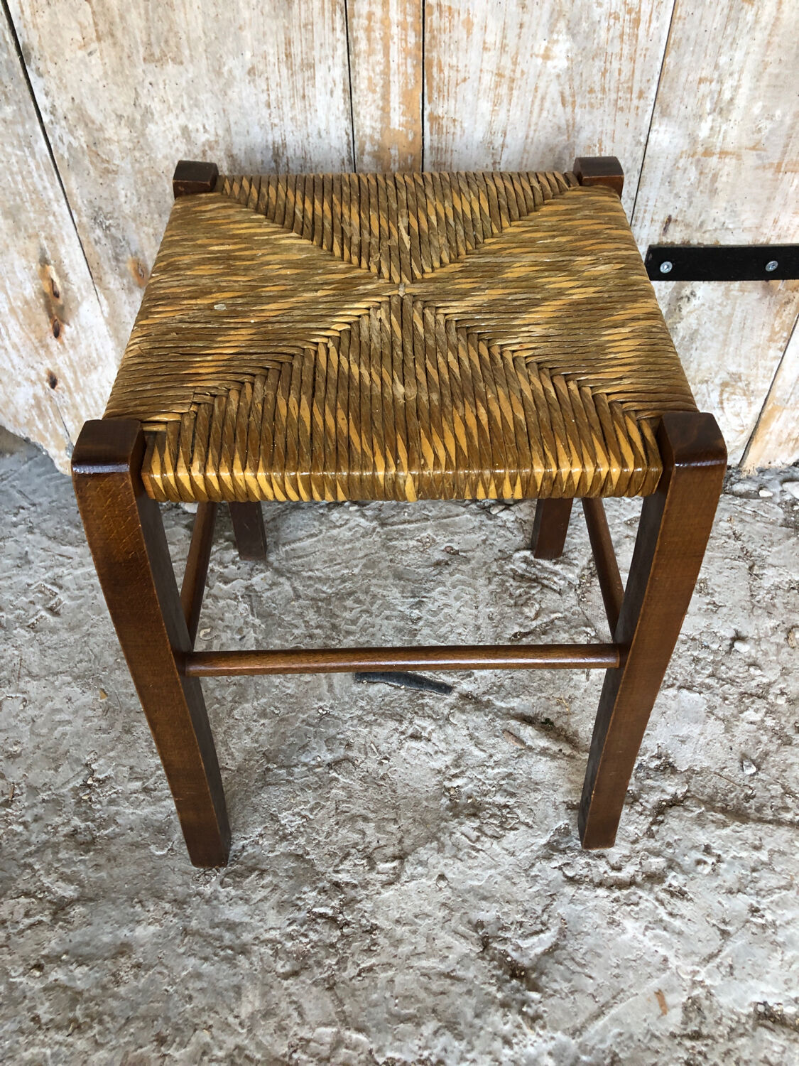 Wooden stool + vintage woven straw seat