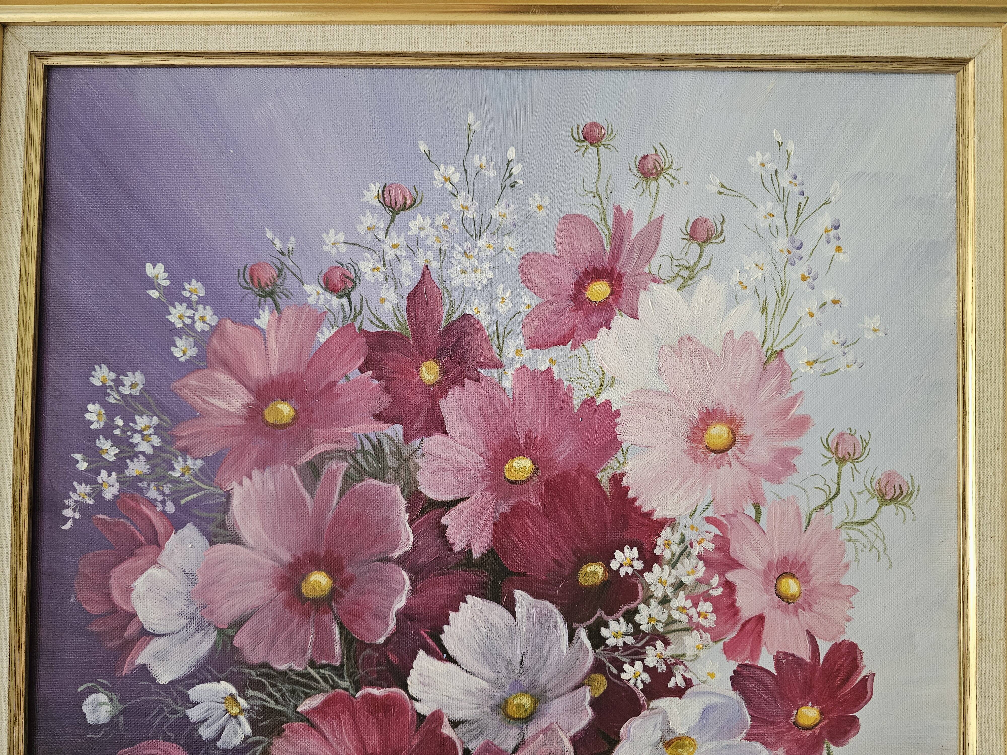 Oil on Canvas Still Life Flowers Cosmos Signed Jacqueline Besson
