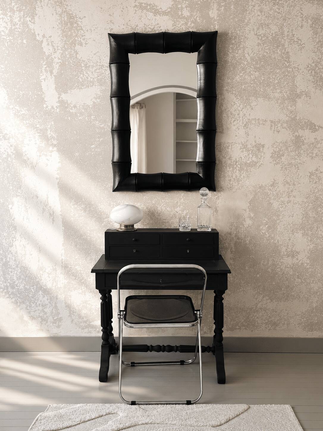 Rectangular mirror in patinated black wood resembling bamboo – 68 × 100 cm