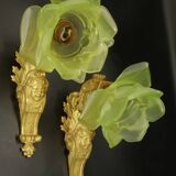 Paire d'appliques style Louis XV du XIXe - bronze & tulipes vertes