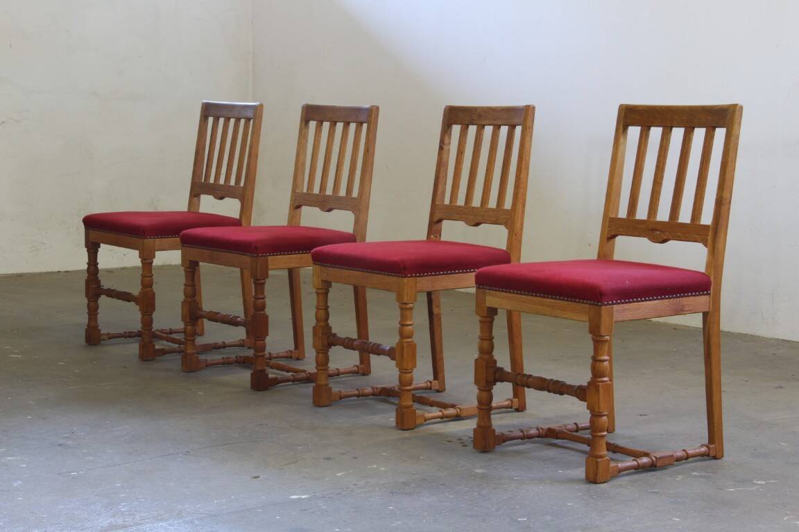 Vintage 1940s/50s solid oak Danish farmhouse chairs, Baroque style set of 4