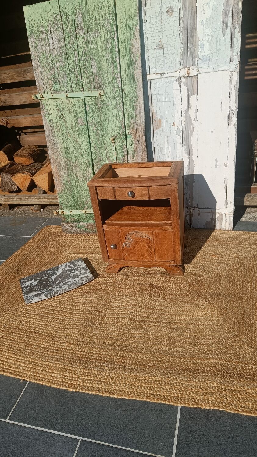 Antique bedside table in solid oak with a marble top.