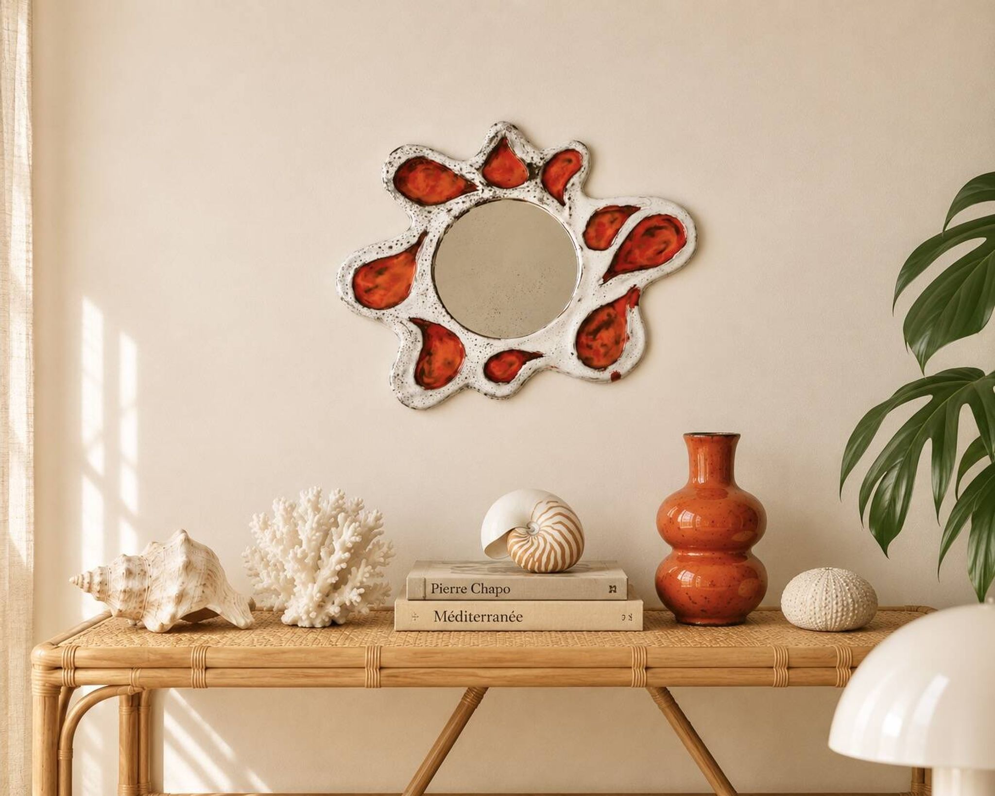 Miroir mural en céramique orange et gris, Vallauris années 60